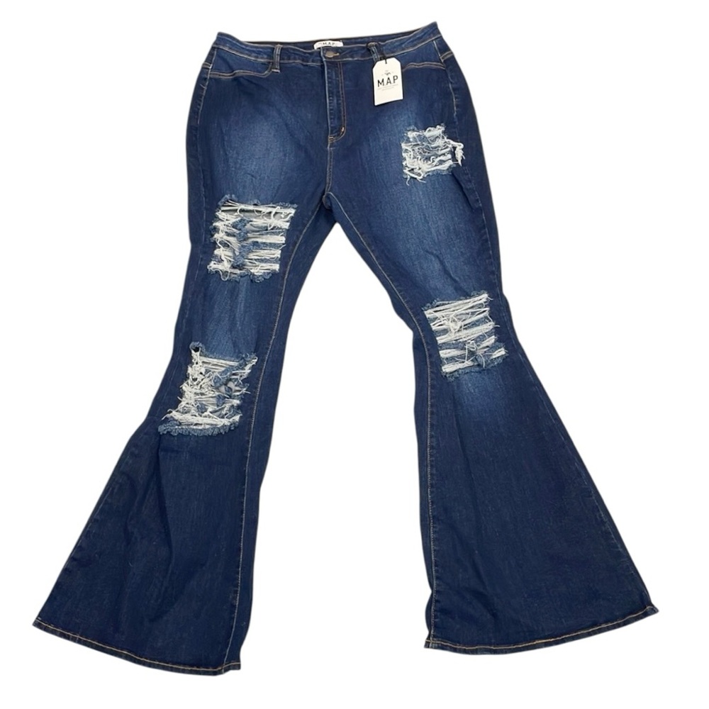 NEW The MAP distressed‎ boho chic flare jeans ripped  retro stretch Women Sz 2X